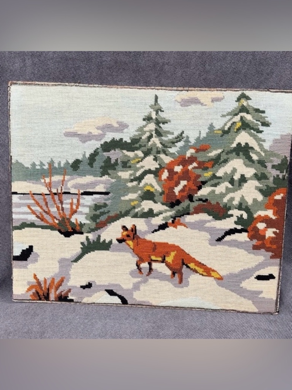 Vintage needlepoint fox winter scene 19x15